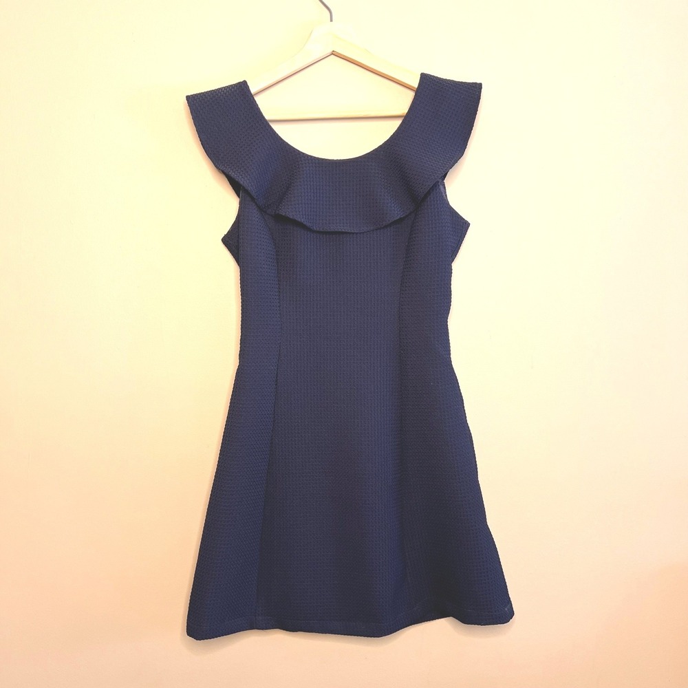 She Sky Navy Textured Ruffle Neck Fit Flare Dress Women's Size S‎
